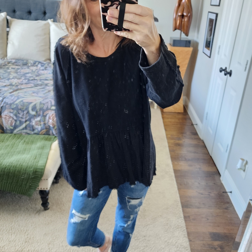 Umgee Black Mineral Washed Ruffle Sweatshirt Tunic Small